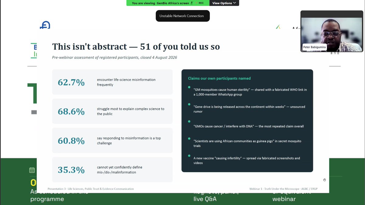 AfricaGeneBio's tweet photo. Ongoing, Dr. Peter Babigumira tackling misinformation risks in vaccines, genomics, clinical research,  biotechnology, biosecurity, and public health.

#biotechnology #scicom #TruthUnderTheMicroscope #biosecurity #misinformation #disinformation #science https://t.co/kR9LBXwrJt
