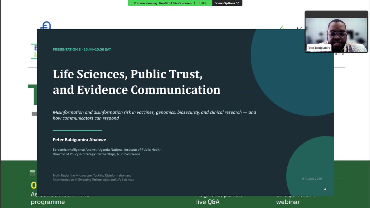 AfricaGeneBio's tweet photo. Ongoing, Dr. Peter Babigumira tackling misinformation risks in vaccines, genomics, clinical research,  biotechnology, biosecurity, and public health.

#biotechnology #scicom #TruthUnderTheMicroscope #biosecurity #misinformation #disinformation #science https://t.co/kR9LBXwrJt
