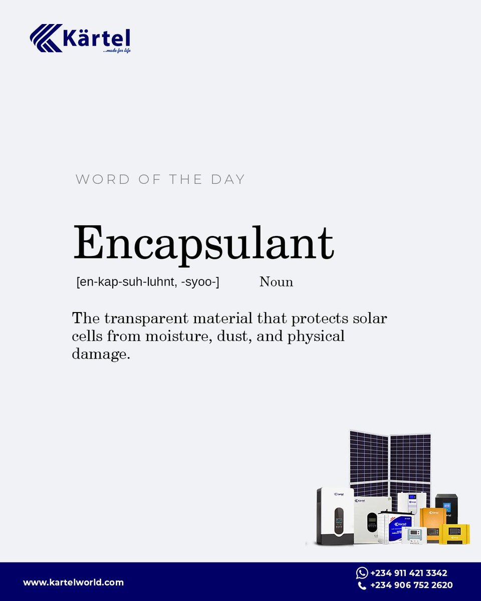 kartel_world's tweet photo. Word of the Day: Encapsulant. ☀️

An encapsulant is the transparent protective layer that shields solar cells from moisture, dust, and physical damage, helping your panels deliver reliable performance for years.

Stay informed.
Stay powered with Kärtel.

 #WordOfTheDay https://t.co/n3dbIVZ29j