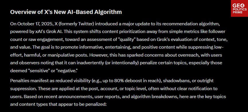 Tapendrachechi's tweet photo. 💥💥💥: Musk's X quietly censors geopolitical news to please advertisers

Geopolitics Prime discovered that X is systematically silencing criticism of governments, corporations, and elites. We learned it by asking Grok about X's new algorithm.

Here's what Grok told us: https://t.co/ktFSen0zog