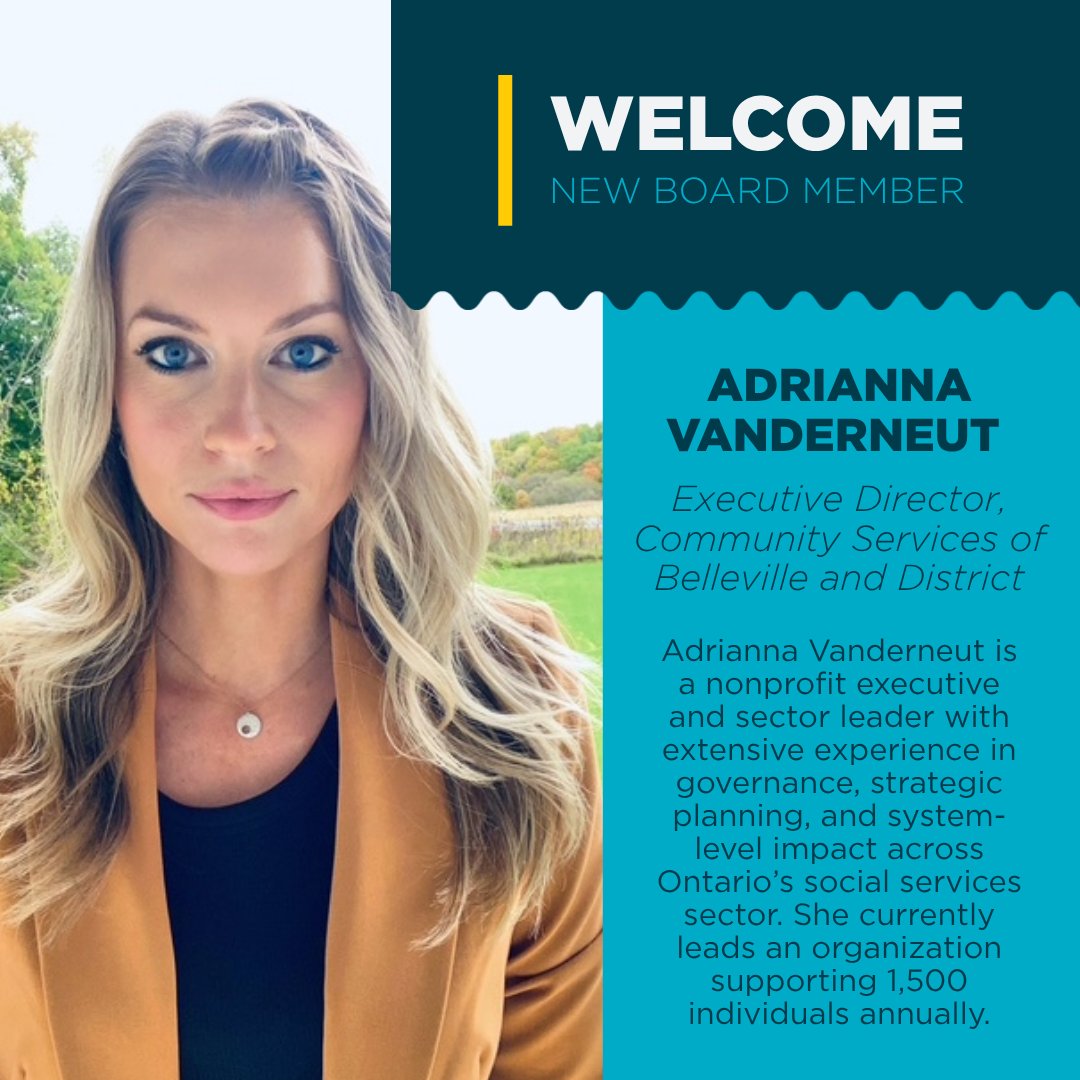 FeedOntario's tweet photo. At our Annual General Meeting, four new members joined our Board of Directors! A warm welcome to the first we’ll be introducing, Adrianna Vanderneut, the Executive Director at Community Services of Belleville and District. 

Adrianna brings a deep expertise in board governance, risk management, and organizational oversight. She is a nonprofit executive and sector leader with extensive experience in governance, strategic planning, and system-level impact across Ontario’s social services sector. She currently leads Community Services of Belleville and District, which supports 1,500 individuals and families annually, including many experiencing poverty and food insecurity. We look forward to the knowledge and experience she will bring to our board!