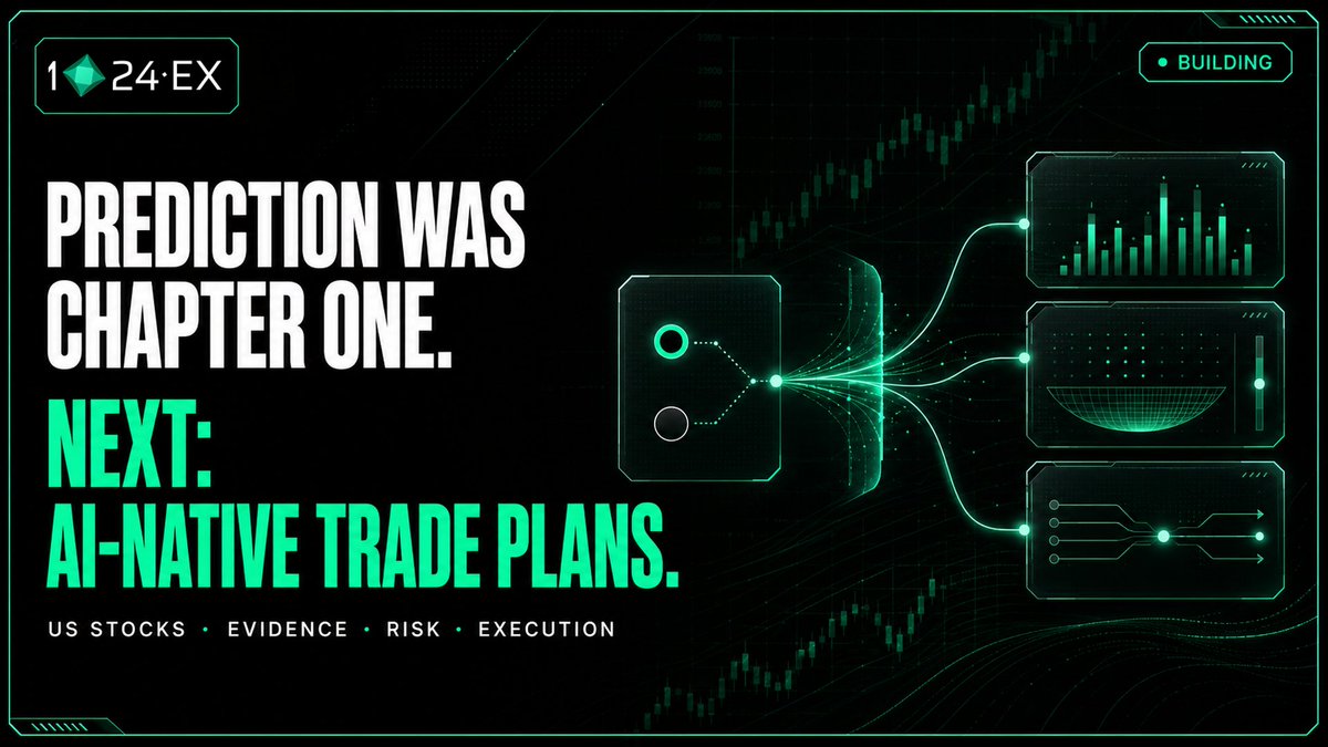 1024EX's tweet photo. Prediction was chapter one. It showed us that traders move when the event, timeframe and downside are clear.

Now we're building 1024EX around the next step: AI-native trade plans for US stocks—with evidence, risk and execution in one loop.

A new trading paradigm is coming. https://t.co/i6hyBqDm4N