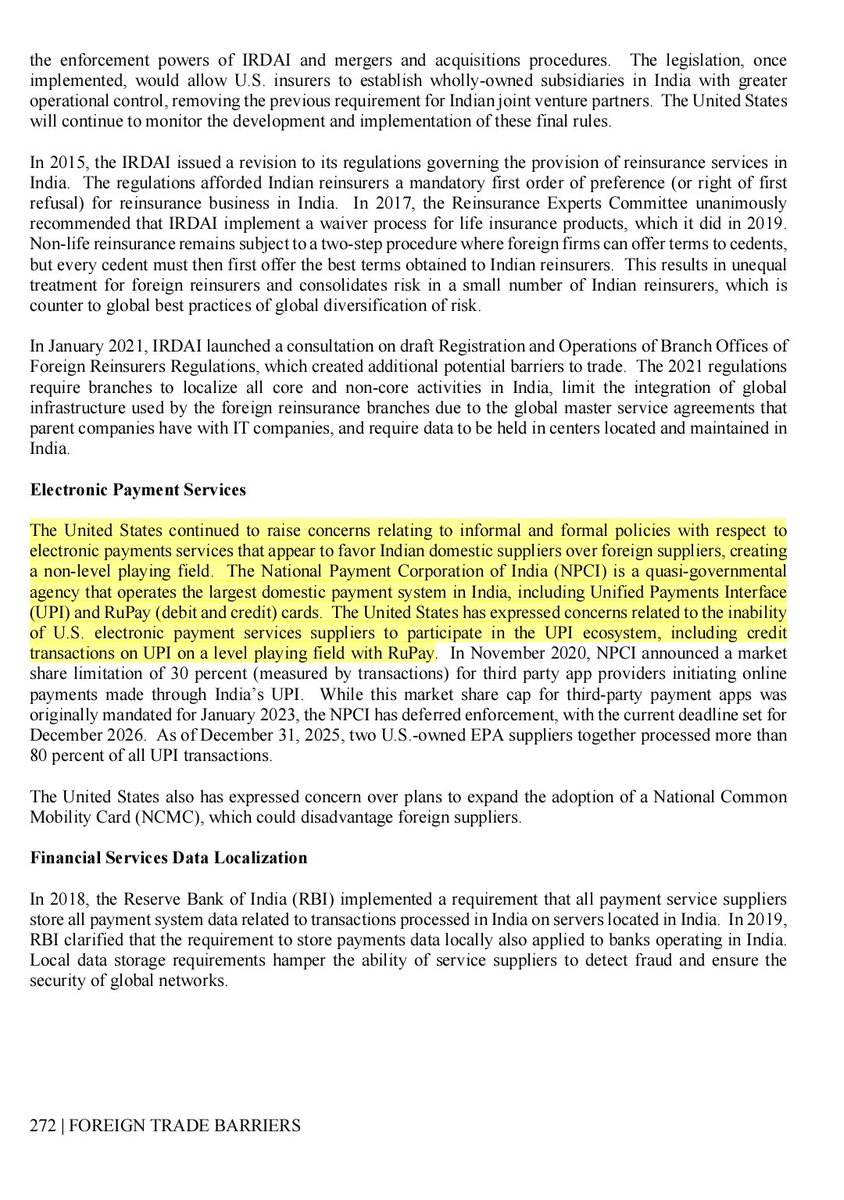 RahulSeeker's tweet photo. Dear Phraands! 🐒

This is the Office of the US Trade Representative 2026 report, page 272.

It criticised the NPCI, the org that operates India's retail payment systems, saying that it is creating  "a non-level playing field" in electronic payment services.

What followed? ☺️

The UPI payments in India have been free for the public.

Then on Monday the Govt introduced Taxation and Other Laws (Amendment) Bill, 2026.

This was followed by Reserve Bank of India (RBI) Governor Sanjay Malhotra said that “someone will have to pay the cost” of UPI transactions. ☺️ 

Today this bill was passed. It now brings UPI and RuPay debit card transactions under MDR charges.

Point to be noted, Since 2020, the Govt, mandated that transactions on UPI and RuPay debit cards would not attract any MDR charges.

Then why this sudden shift? 🤔

Now apart from Marchants, our ordinary people transactions that exceed ₹2,000 in value, maybe charged 0.25-0.4% of the transaction value.

Masterstroke Phraaands! 🤭