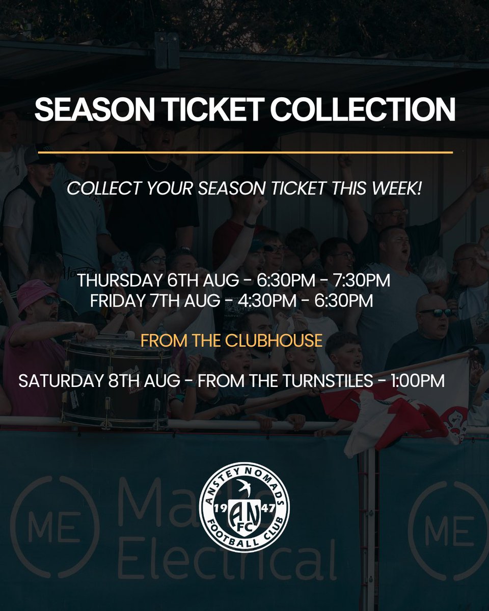 TheNomadsFc's tweet photo. Updated Times* ❗️ Season Ticket Collection 🎟️ 

Supporters can collect their season tickets this week ahead of the first league fixture on Saturday 

Thursday 6th Aug -  6:30-7:30pm
Friday 7th Aug -  4:30-6:30pm
Saturday 8th Aug -  At the turnstile from 1:00pm https://t.co/iUPtfWNaVo