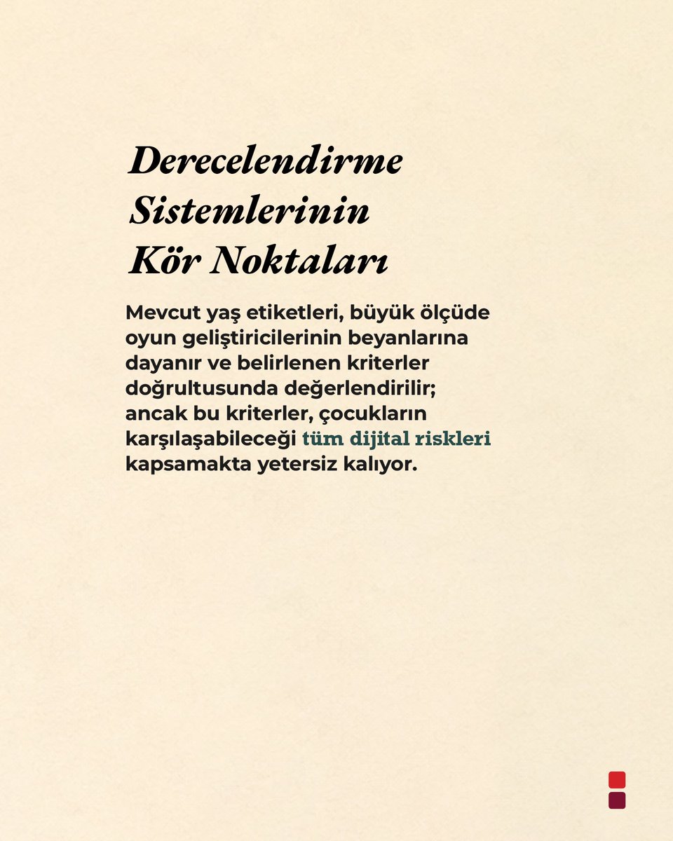 enstitusosyal_'s tweet photo. Çocuğunuzun oynadığı oyunların içeriğini ne kadar biliyorsunuz?
Yaş etiketleri önemli bir rehberdir, ancak tek başına yeterli değildir. Çevrim içi etkileşimler, siber zorbalık ve şansa dayalı harcama mekanizmaları gibi riskler etiketlere her zaman yansımaz.  

Oyun seçerken yaş sınırının yanında içeriği de incelemek çocukları daha güvenli bir dijital deneyimle buluşturur. Peki, çocuğunuzun oynadığı oyunlarda sizi en çok endişelendiren risk hangisi?