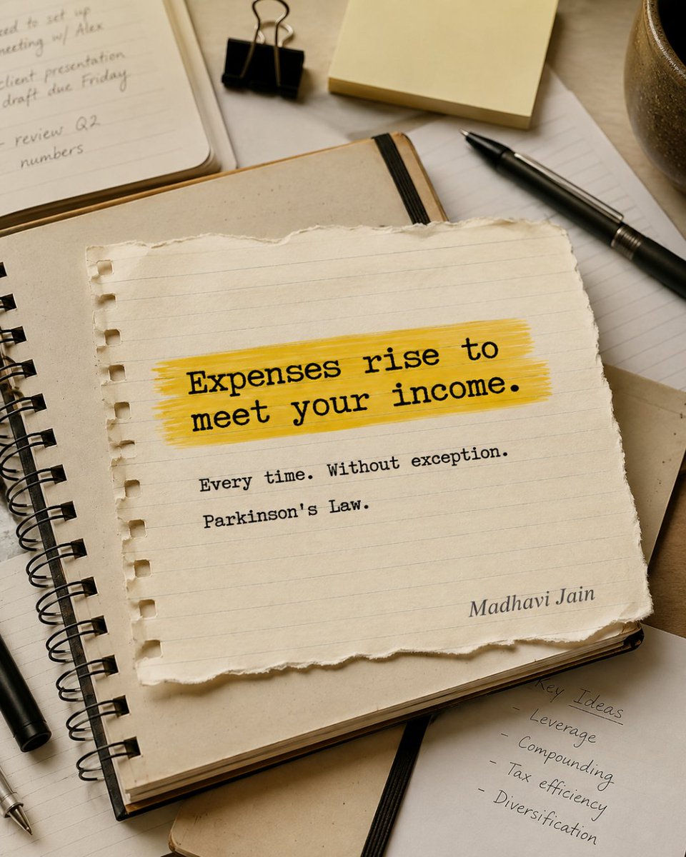 MadhaviThinks's tweet photo. Expenses rise to meet your income. Parkinson's Law: work expands to fill whatever time you give it. 
Money follows the same law.

A raise doesn't feel like extra-it becomes the new normal. 
You can out-earn a bad year, but not lifestyle inflation.

What's your biggest new normal? https://t.co/aYXoSyWq8W