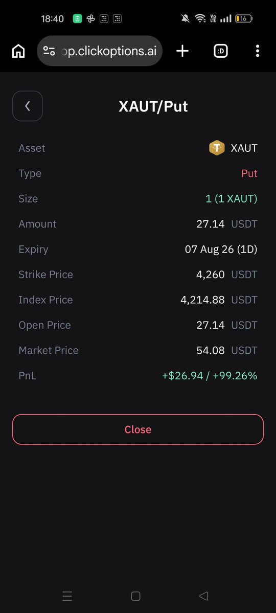 vikramkoli707's tweet photo. I spot this entry on XAUT join 
@clickoptions_ai and closed with 99.56% PNL
  #democontest https://t.co/NqIBj47nXB