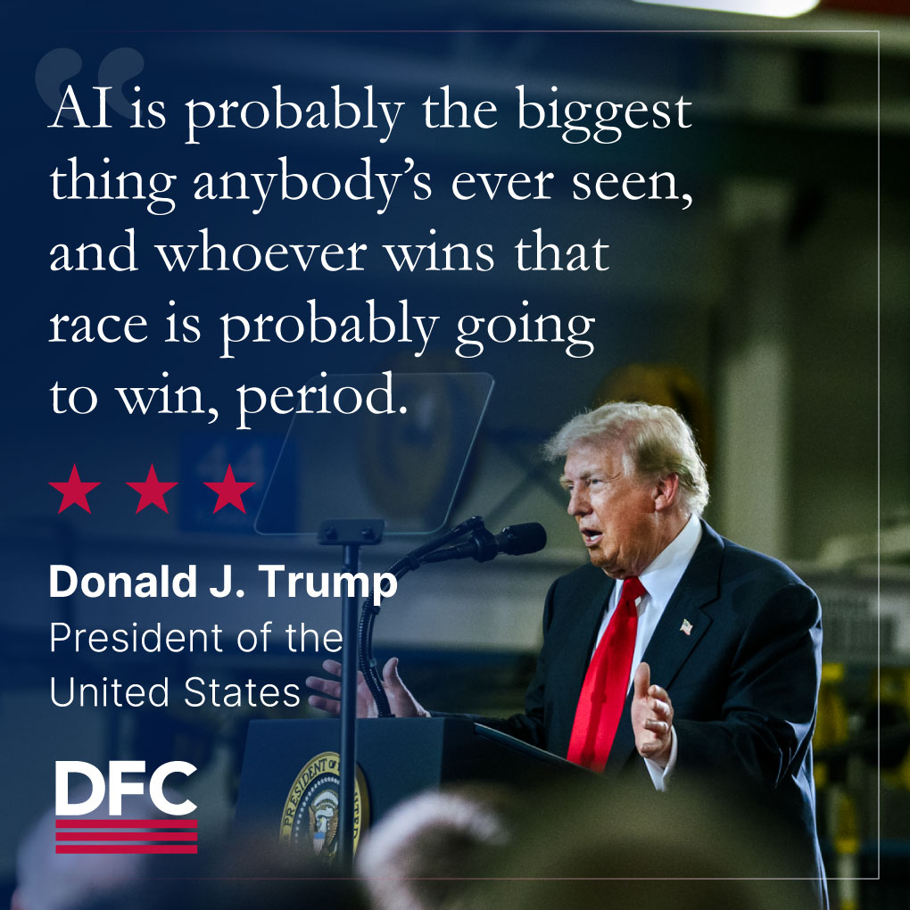 DFCgov's tweet photo. Keeping America at the forefront of the AI race is a top DFC priority.

Under President @realDonaldTrump, the innovative technology powering AI is being built by the United States and our trusted partners. https://t.co/MX1JCYNUrp