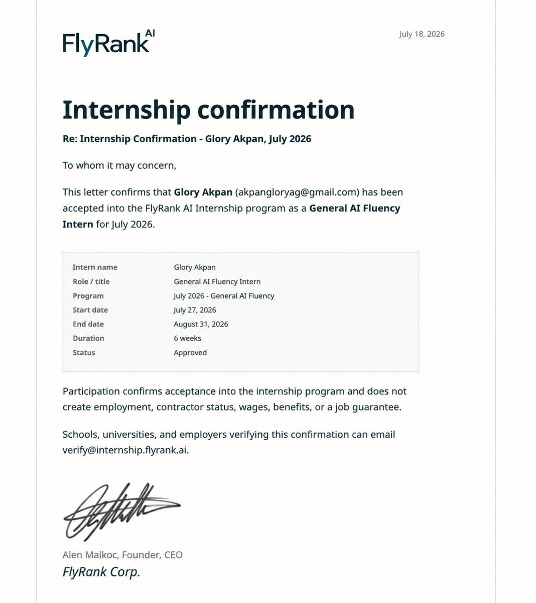 GloryAkpanag's tweet photo. Small milestones deserve to be celebrated too. 🎉

Last week, while exploring my #FlyRank AI internship dashboard, I came across my official internship confirmation letter.

It's funny because I've already completed more than five internship assignments, but somehow I only discovered this document this morning. 😊

This internship has been more than just a title. It has challenged me to think differently, solve real AI-related tasks, research deeply, and keep learning every single day.

I'm grateful for the opportunity to grow my AI skills, stretch myself beyond my comfort zone, and build practical experience through every assignment.

Every completed task reminds me that consistency matters more than speed.

Looking forward to finishing this internship strong and carrying these lessons into the next phase of my career.

#FlyRankAI #AIInternship #ArtificialIntelligence #ContinuousLearning #CareerGrowth #AIFluency #RemoteInternship #LearningInPublic #GloryAkpan #OpenToWork