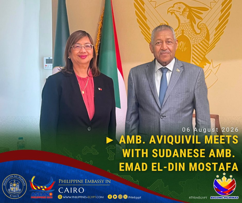 PHinEgypt's tweet photo. AMB. AVIQUIVIL MEETS WITH SUDANESE AMB. 
EMAD EL-DIN MOSTAFA

Full story: https://t.co/nNGjnW9sXM

#PHinEgypt https://t.co/CQf09CwRZ8