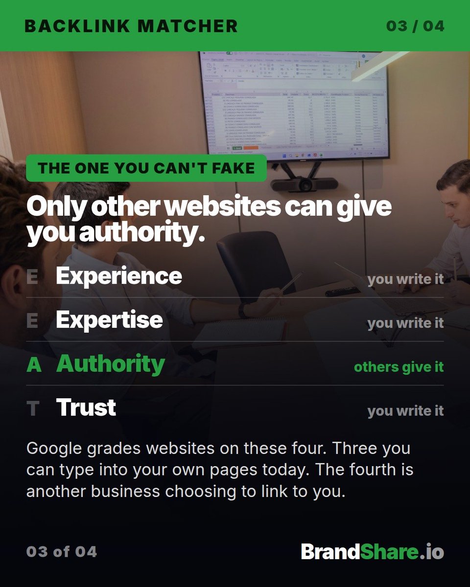 brandshareio's tweet photo. 3/ The fourth is Authority — other websites choosing to point at you.
It's the only part of E-E-A-T that isn't self-reported. You can't fake it from inside your own site. https://t.co/rqRIvgHVf4