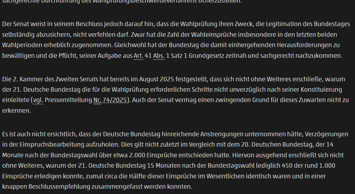 Wahlrecht_de's tweet photo. Das #Bundesverfassungsgericht kritisiert den Bundestag deutlich für die langsame Prüfung der Bundestagswahl 2025.

Gerügt wird die späte Einsetzung des Wahlprüfungsausschusses sowie die schleppende Bearbeitung der Einsprüche:
🔗https://t.co/EtaoLzSPcA
🔗https://t.co/QGkRohrJr9 https://t.co/LOvZP6HUkw