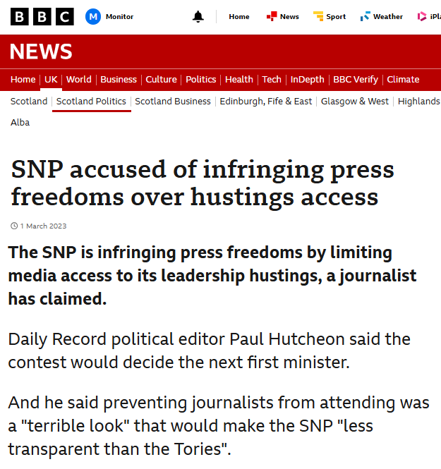 msm_monitor's tweet photo. During the SNP leadership election to replace Nicola Sturgeon the BBC headlined attacks on the party from Paul Hutcheon because the media was not allowed to attend hustings events. We assume Hutcheon will be demanding full media access to Scottish Labour leadership hustings. https://t.co/9sMdSnDijZ
