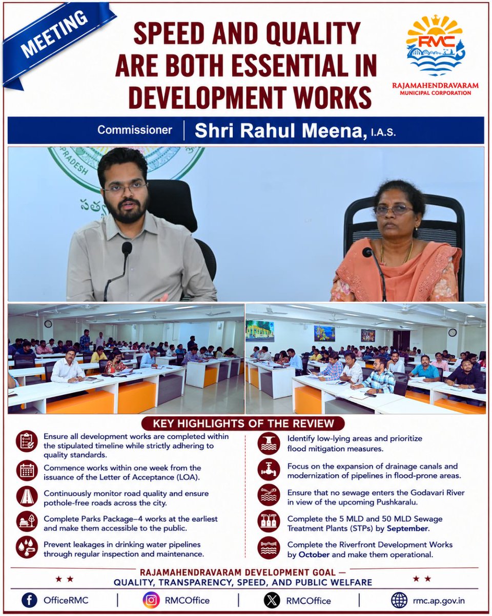 RMCoffice's tweet photo. 🏗️ Commissioner #ShriRahulMeena, I.A.S. reviewed ongoing #developmentworks with Engineering officials and directed that all projects be completed #ontime while maintaining the highest #qualitystandards, with focus on roads, parks, STPs, and riverfront development.
#RMC https://t.co/anWAD0FQeU