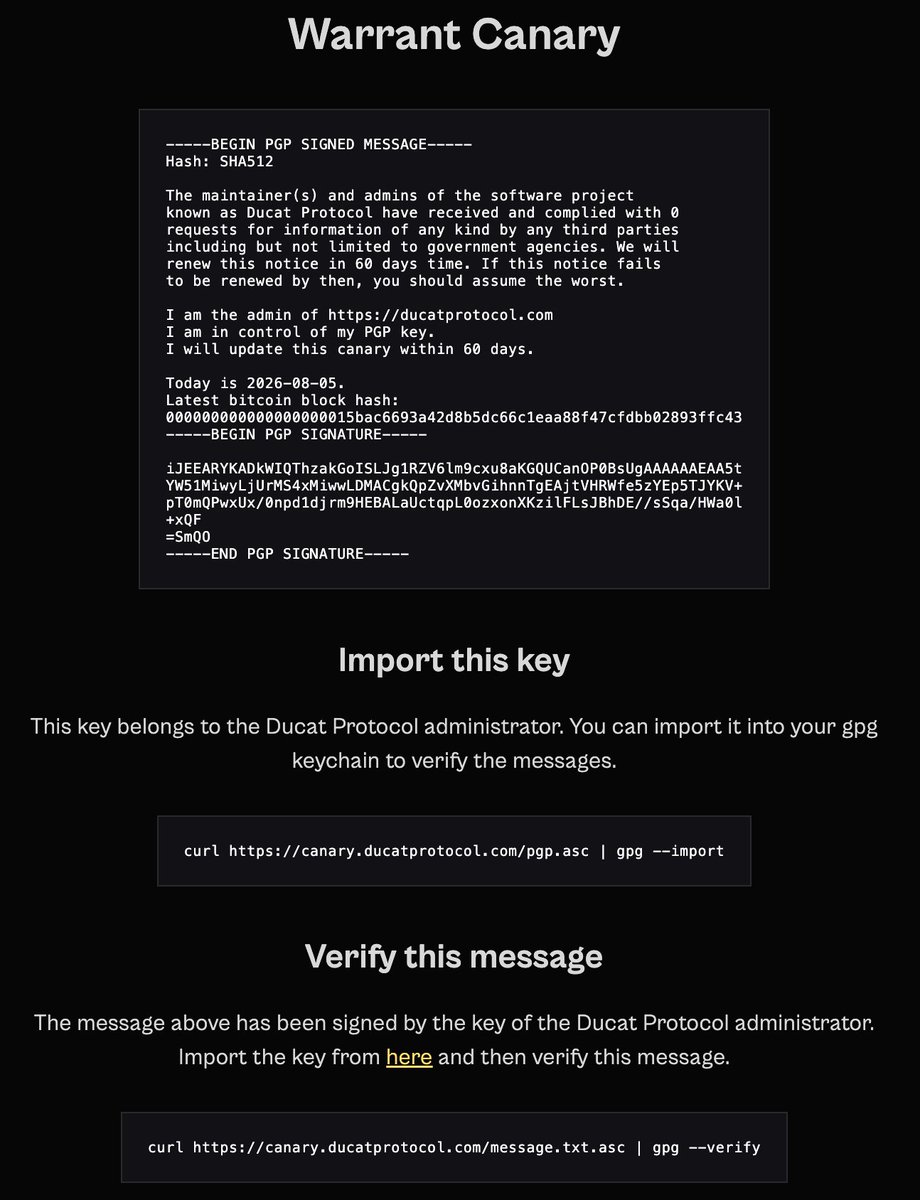 Ducatstable's tweet photo. Self-custody protects your Bitcoin. It doesn't protect your data.
Ducat now runs a warrant canary, signed today against block 961,197. Zero requests for information from anyone, government agencies included.
Re-signed every 60 days. Silence means assume the worst. https://t.co/AxZYFRdCOt
