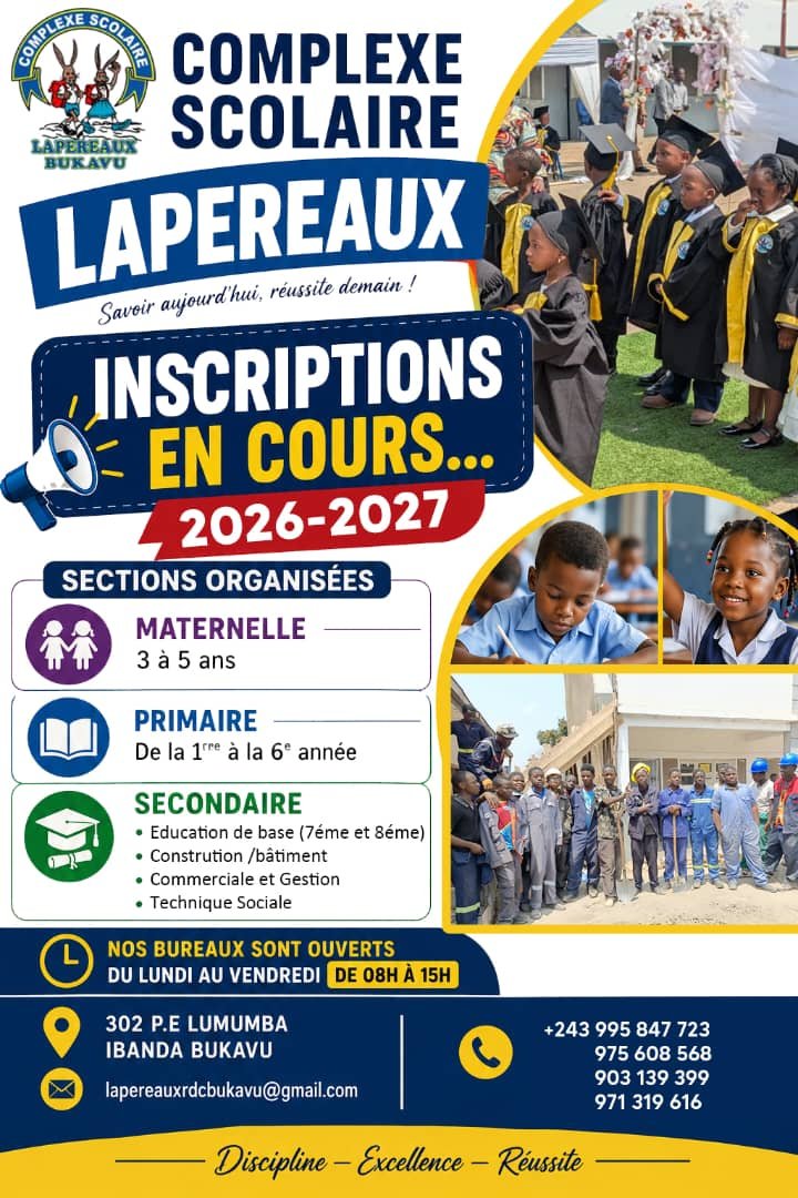 YannickNcuro4's tweet photo. Les inscriptions pour l´année scolaire 2026-2027 sont déjà ouvertes pour les sections suivantes au Complexe Scolaire LAPEREAUX : Maternelle, Primaire et Secondaire. 
Offrez à vos enfants une éducation de qualité dans un cadre propice à leur réussite.
Venez nombreux https://t.co/RT75XFErux