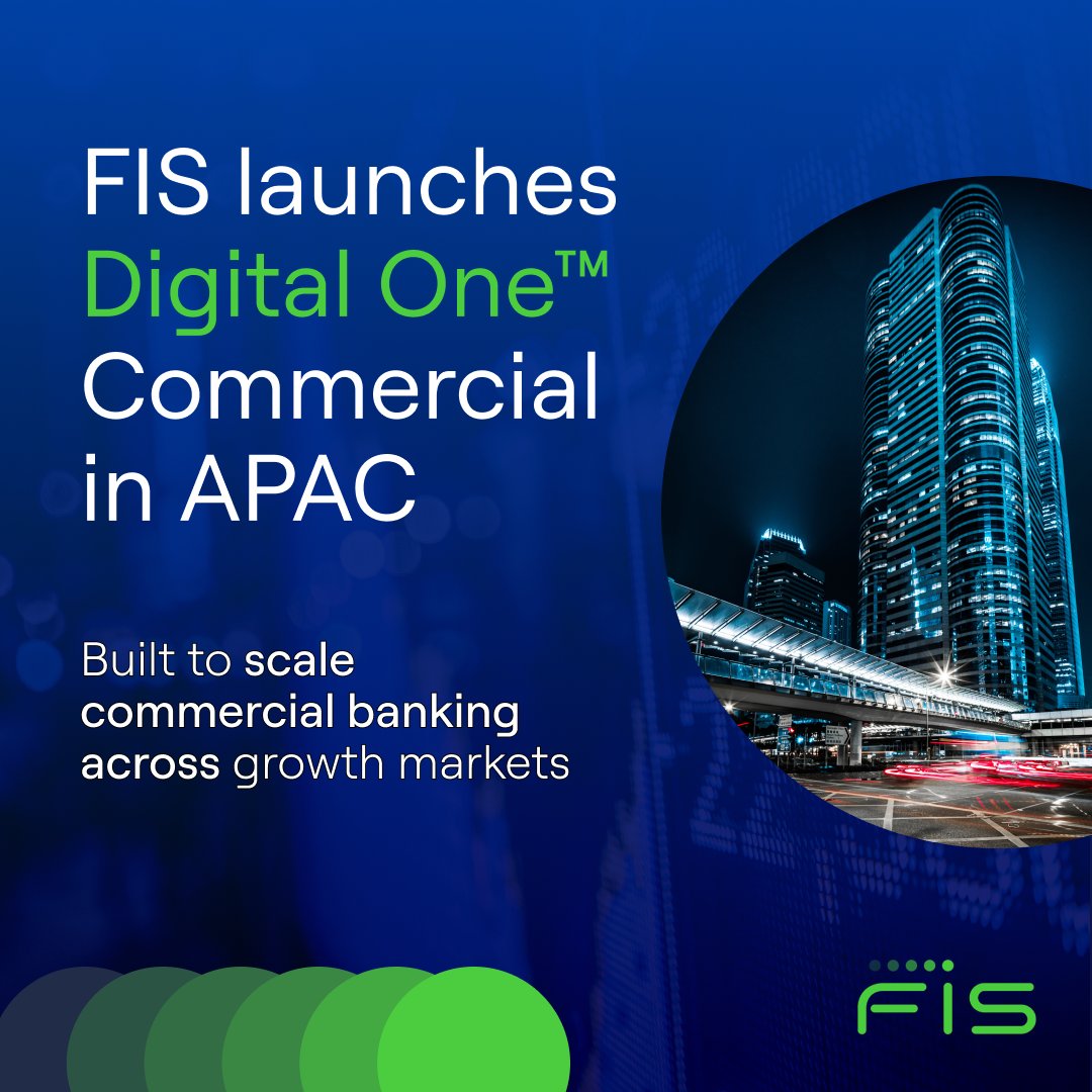 FISGlobal's tweet photo. Scaling commercial banking across APAC requires a more connected approach.

FIS has launched Digital One™ Commercial in APAC, enabling banks to serve every business segment from a single, API-first platform without replacing existing core systems: https://t.co/zrp7yuW96Q https://t.co/3m7TCF67gV