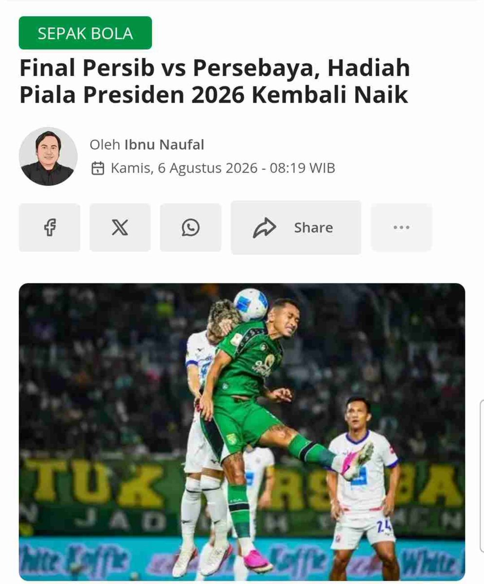 soonshineal's tweet photo. duel Persib vs Persebaya emang pantes jadi laga puncak #FinalPialaPresiden2026 selain bertabur hadiah besar, keberanian pelatih nurunin pemain muda bikin pertandingan makin menarik buat diikutin
https://t.co/mOB5fcNhEk https://t.co/eXTc8RAgpz