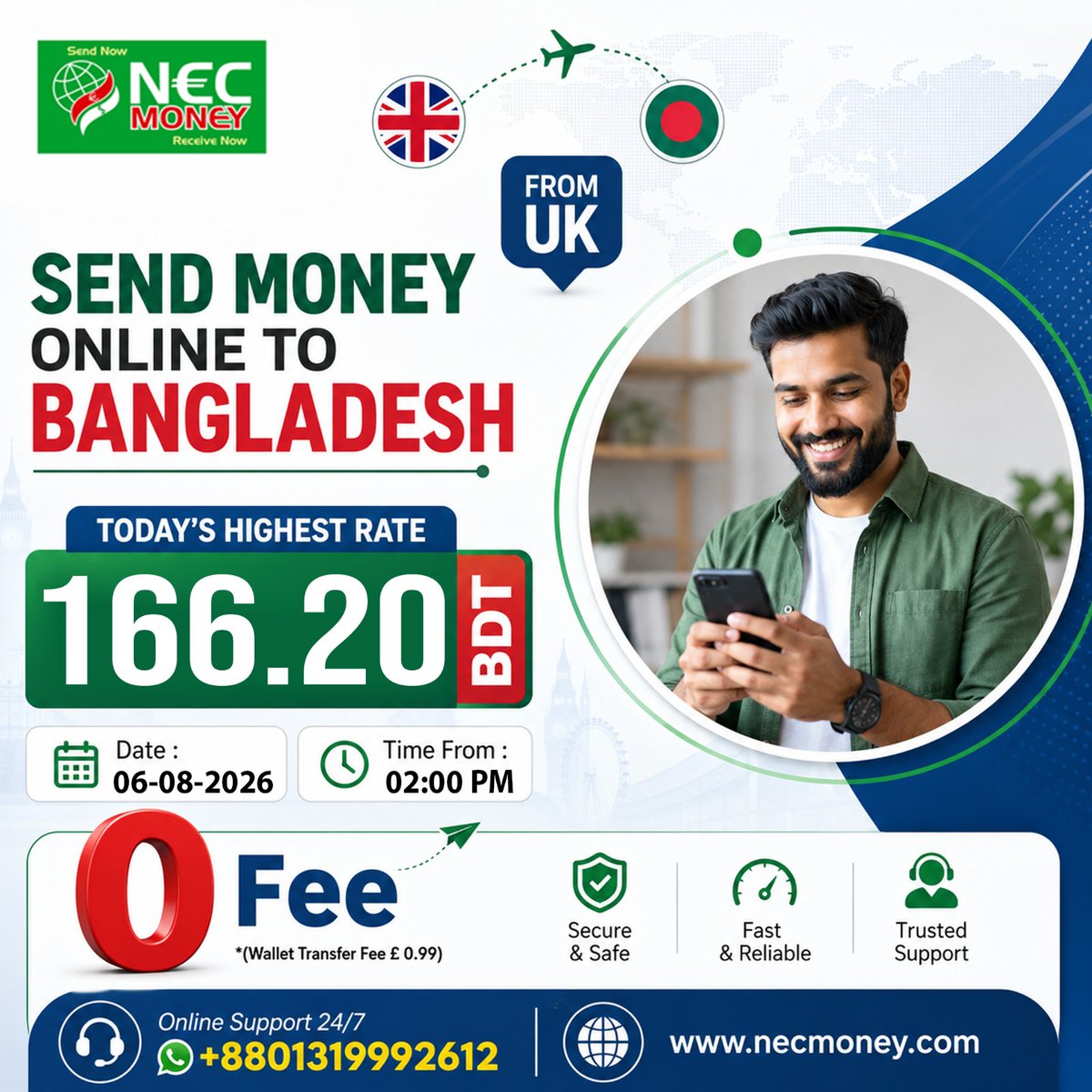 Nec_Money's tweet photo. ✅ নেক মানির মাধ্যমে অনলাইনে টাকা পাঠান সর্বোচ্চ রেটে
✅ তারিখঃ: ০৬ আগস্ট ২০২৬
✅ সকাল: ০২ঃ০০ (দুপুর) 
✅ বেস্ট সার্ভিস
✅ যুক্তরাজ্য 🇬🇧 থেকে বাংলাদেশ 🇧🇩
✅ যোগাযোগ ২৪/৭ 🇧🇩: 01319-992612 (WhatsApp)
-
#towerhamlets #bangladeshivlogger #Bangladeshnews #Remittance #ukbengali #UK https://t.co/qouqgbc8go