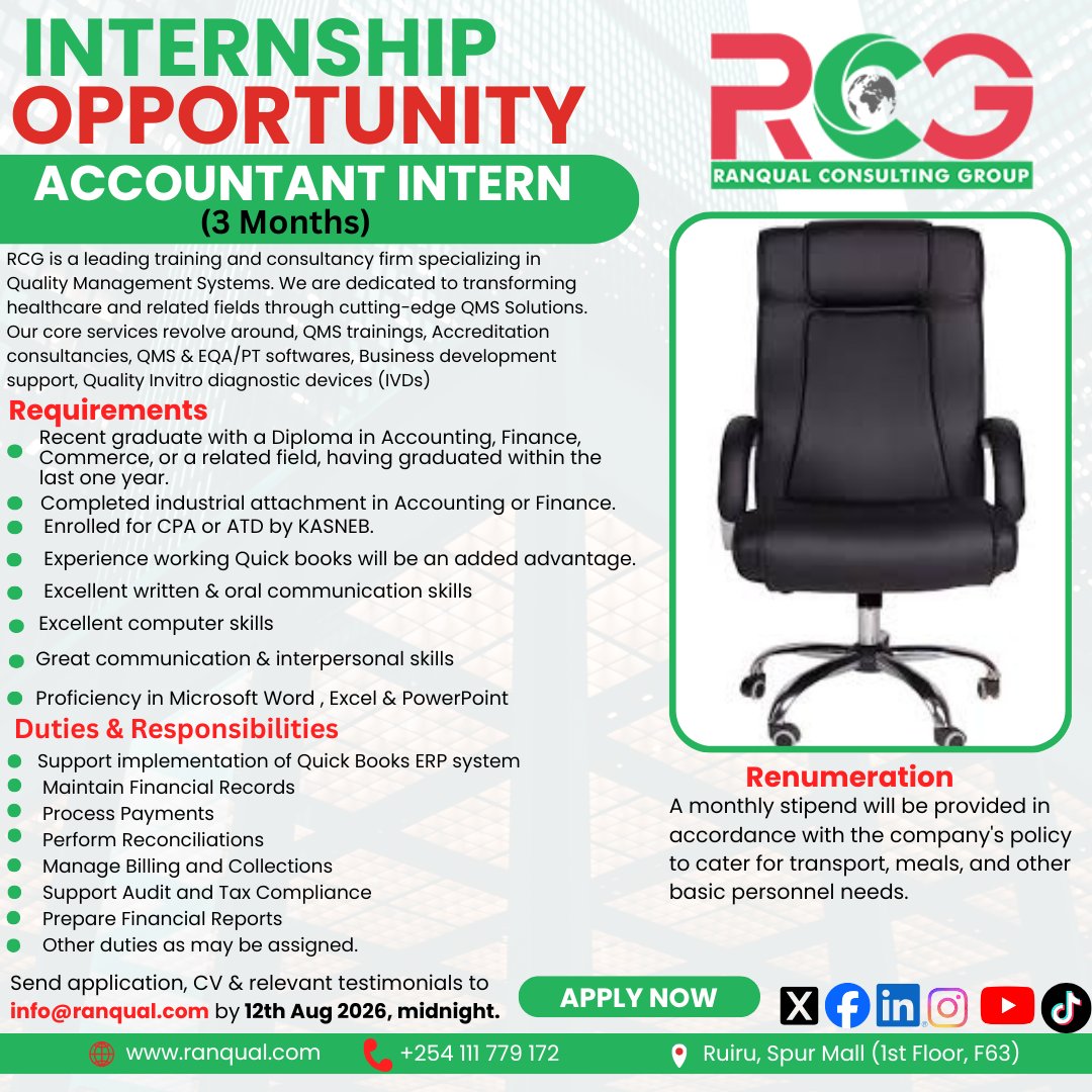 RanqualCG's tweet photo. We're Looking for an Accountant Intern.
Are you a recent Accounting or Finance graduate ready to gain hands-on experience? Join our 3-month internship at Spur Mall, Ruiru. Send your application, CV and relevant testimonials to: info@ranqual.com by 12th Aug 2026, midnight. https://t.co/HhyaSt1yiU