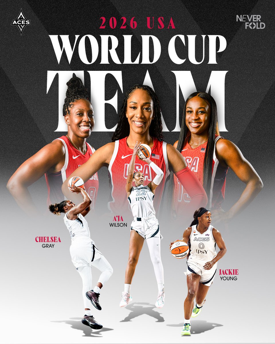 LVAces's tweet photo. Stacking the deck with Aces ♦️♠️

A'ja, Chelsea, and Jackie have been named to the 2026 USA FIBA World Cup Team! 🇺🇸 https://t.co/mLTnuVL4wU