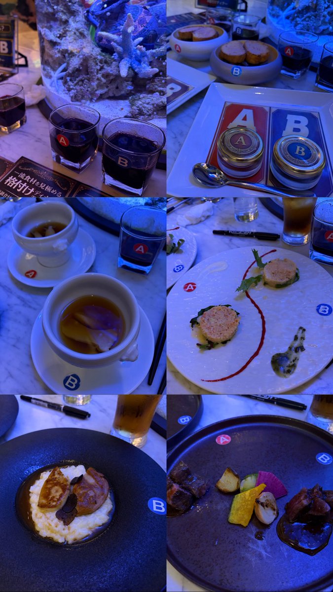 taso1713's tweet photo. 格付けチェックのコースが体験できるレストランにあんずちゃんと行ってきました☺️🍽
私7問中4問、、🥹
あんずちゃん5問正解でデザートにアフタヌーンティー出してもらってました😳👏🏻すごい！
本当に美味しくて黒毛和牛とカンガルーも間違えました、、通ってるごはん屋さん、、バカ舌ですみません🥹🥹🥹 https://t.co/aotWsI321i