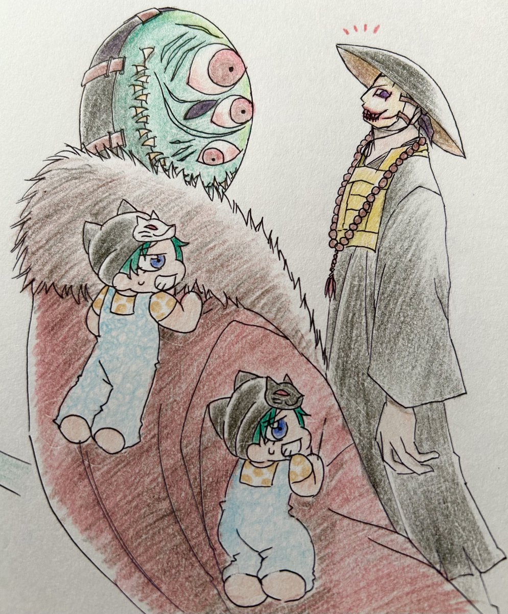rk_dspbs's tweet photo. カサゴ様(@maskmankasago)また描かせてもらっちゃいました( ´∀`)💦
#静岡百鬼夜行 にてご一緒されてた方のアカウントがわからないのですが...💦

(눈. 눈.w💦おっきー妖怪さんショ...
(눈. 눈.w💦ちょっと怖いショ...

すっかりヤマジジイさんに懐いてるゆしゅけたちです(^ω^) https://t.co/Qg6nVo6Fye