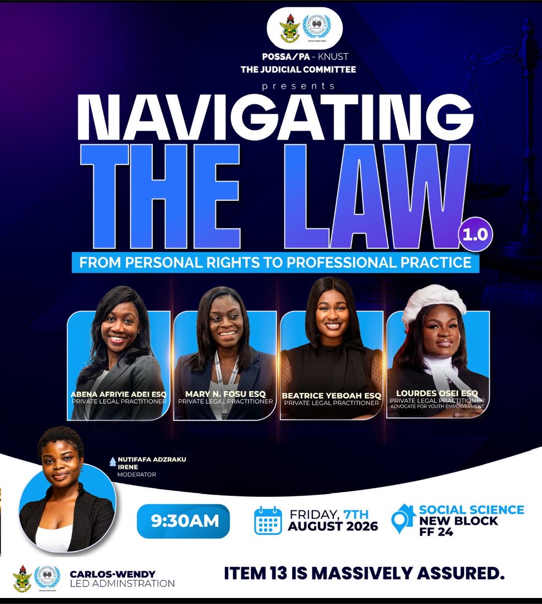possaknust's tweet photo. Ever wondered what law school + legal practice in Ghana actually looks like? 🤔
Come learn from practicing lawyers on:
- Your personal rights
- How to navigate the legal profession
NAVIGATING THE LAW is happening this Friday!
#KNUST #LegalEducation #POSSA #knust https://t.co/oS8Pn8Dg7d