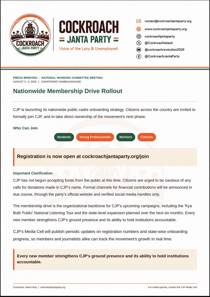 Cockroachisback's tweet photo. The Cockroach Janta Party announces its agenda for the coming months after the conclusion of its two-day session in Chhatrapati Sambhajinagar. https://t.co/jpTTNtgaqD