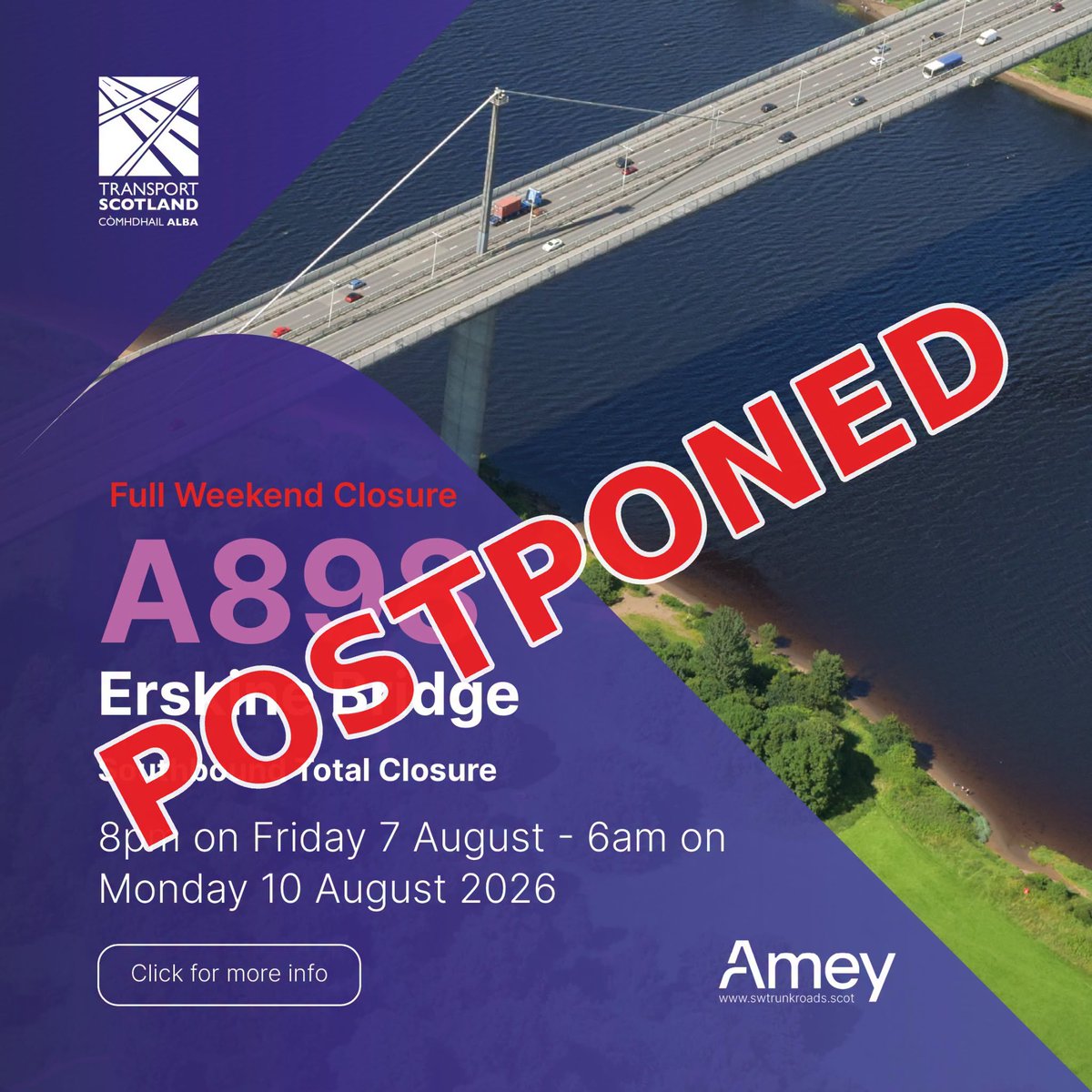 lomondradio's tweet photo. TRAFFIC UPDATE: The roadworks and planned closure of the Erskine Bridge this weekend (7th to 10th August) have been cancelled and will be rescheduled for a later date.
#lomondradio #localradio #communityradio #erskinebridge #a898 #roadworks https://t.co/jLooMcVFY6