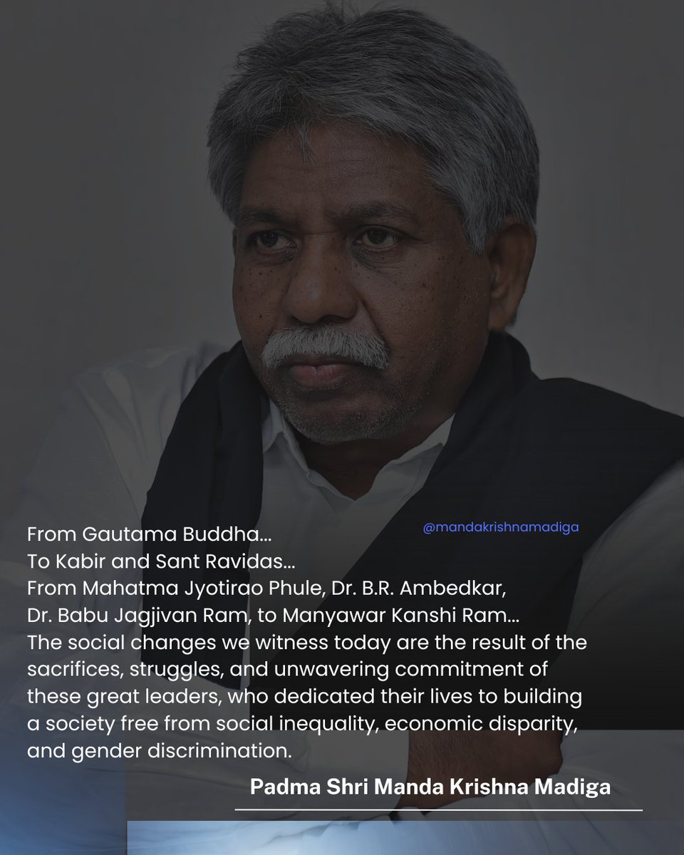 Krishna_Madiga7's tweet photo. Today's social progress is the legacy of yesterday's sacrifices for equality and justice.- Padma Shri Manda Krishna Madiga garu.

#mandakrishnamadiga #mrps #socialprogress #equality #descrimination https://t.co/8edXS23866