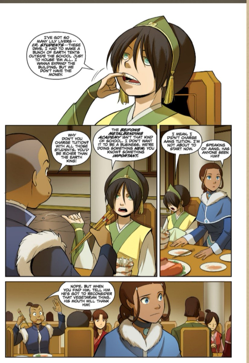 Chileta_'s tweet photo. The fact that Toph teaches metal bending in the academy for free is heartwarming.
(Comic: Avatar The Last Airbender-- The Rift Volume 1)
#avatarthelastairbender
#atla https://t.co/MJjIaYNMcq