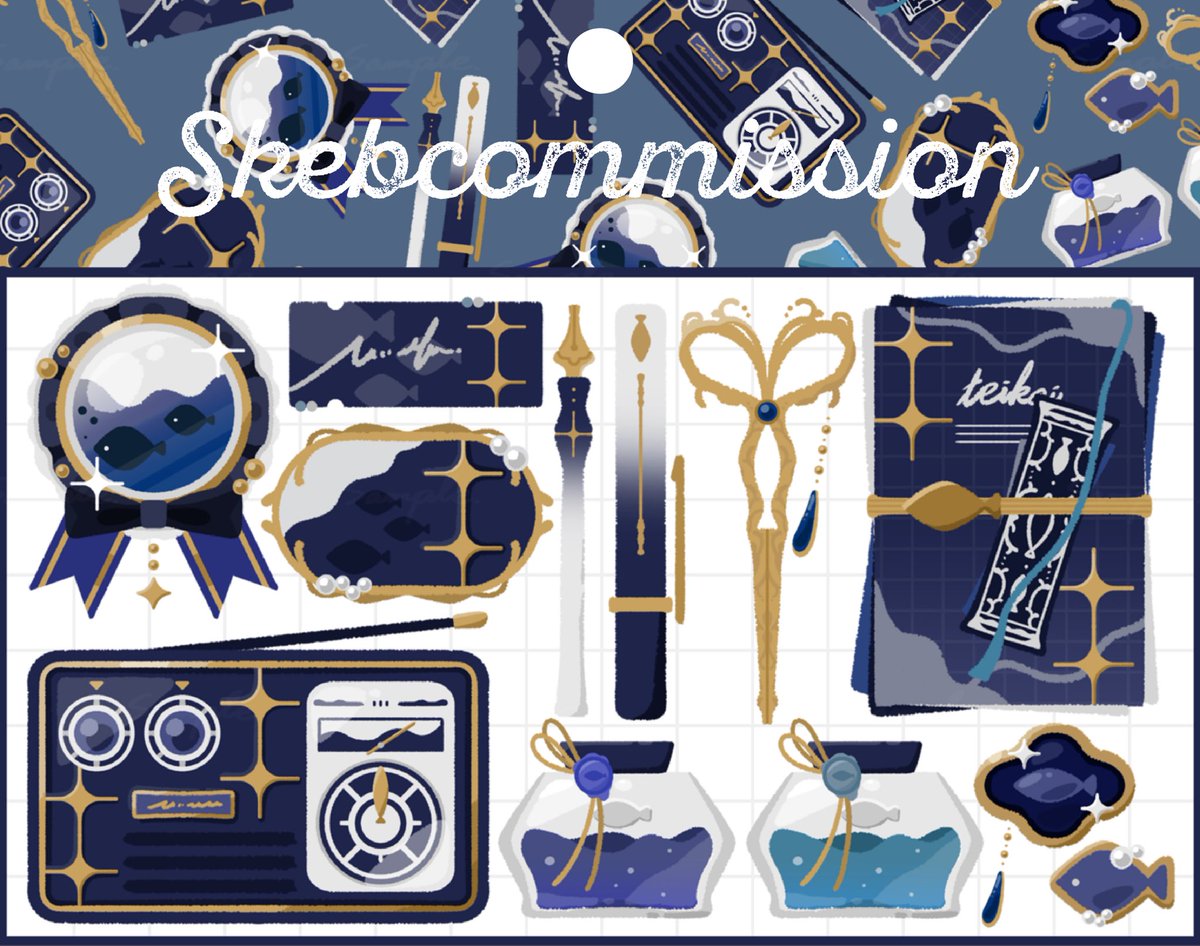 Shinomiyamiya_'s tweet photo. 【お知らせ】
Skebにてモチーフイラストを描かせていただきました！
キラキラたくさんの小物です🐟✴︎
#Skeb https://t.co/uUTGM9SjAm