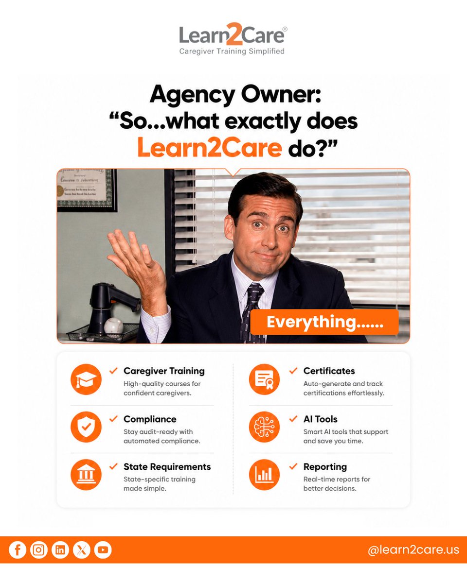Learn2CareUS's tweet photo. So... what exactly does Learn2Care do? π€
Train caregivers smarter with AI-powered learning, compliance, certifications, reporting, and state-specific training all in one platform.
Discover https://t.co/LqUgLNcrGy
#Learn2Care #CaregiverTraining #HomeCare #AIInHealthcare https://t.co/BjQPnn8NkA