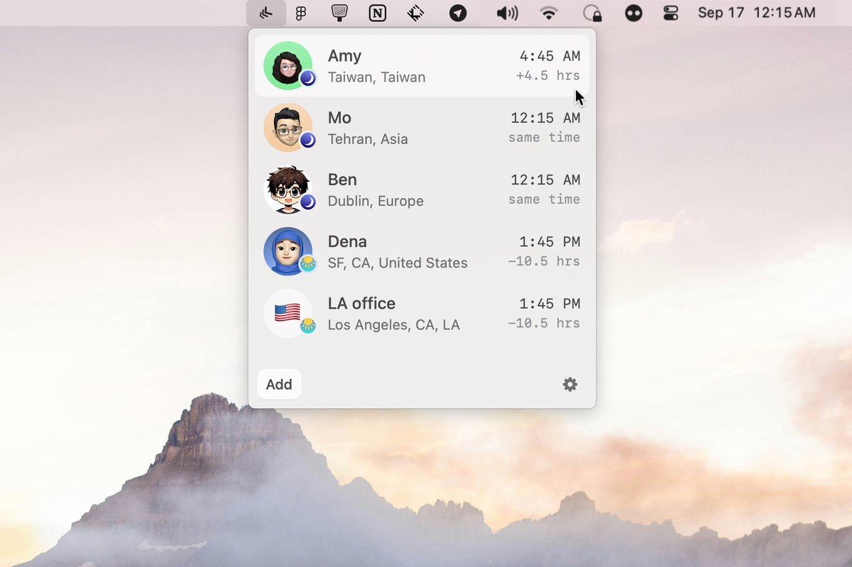 mac_native's tweet photo. There displays live timezones for everyone you care about right in your Mac menubar — add photos from Twitter, track any city instantly, zero performance tax. By @dena_sohrabi

#macOS #Swift #MenuBarApp

🔗 Link in the comments https://t.co/RfeoeB8dPH
