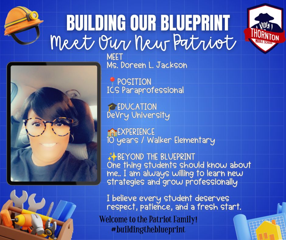 ThorntonCFISD's tweet photo. ❤️ BUILDING OUR BLUEPRINT 💙
Join us in welcoming Ms. Doreen L. Jackson, our new ICS Paraprofessional, to the Patriot Family! 🏗️
#BuildingTheBlueprint #TMSPatriots #CFISD #ThorntonMiddleSchool https://t.co/WaILheSUil