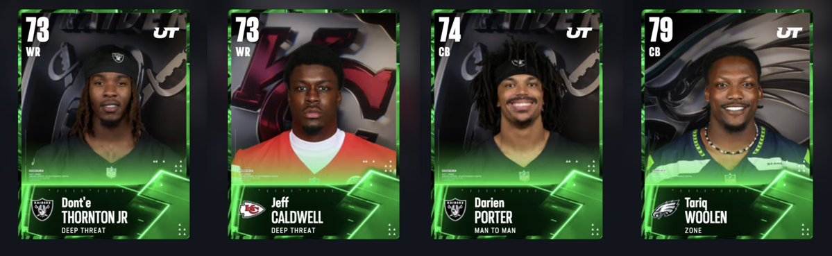 SwiftYouTube_'s tweet photo. These could be insane if I'm right...

Dont'e Thornton - 82 speed, 6'5
Jeff Caldwell - 82 speed, 6'5
Darien Porter - 84 speed, 6'3
Tariq Woolen - 84 speed, 6'4 https://t.co/s3K23lEwmN