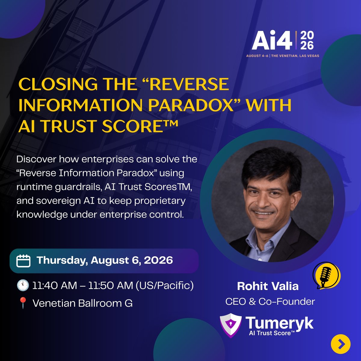 aitumeryk's tweet photo. How do you get the upside of AI without giving away your proprietary knowledge?

That’s the question @rohitvalia explores today at #AI42026.

Join us for “Closing the Reverse Information Paradox with AI Trust Score™.”

#AITrust #GenAI #EnterpriseAI #AISecurity https://t.co/KzcCebSKpl