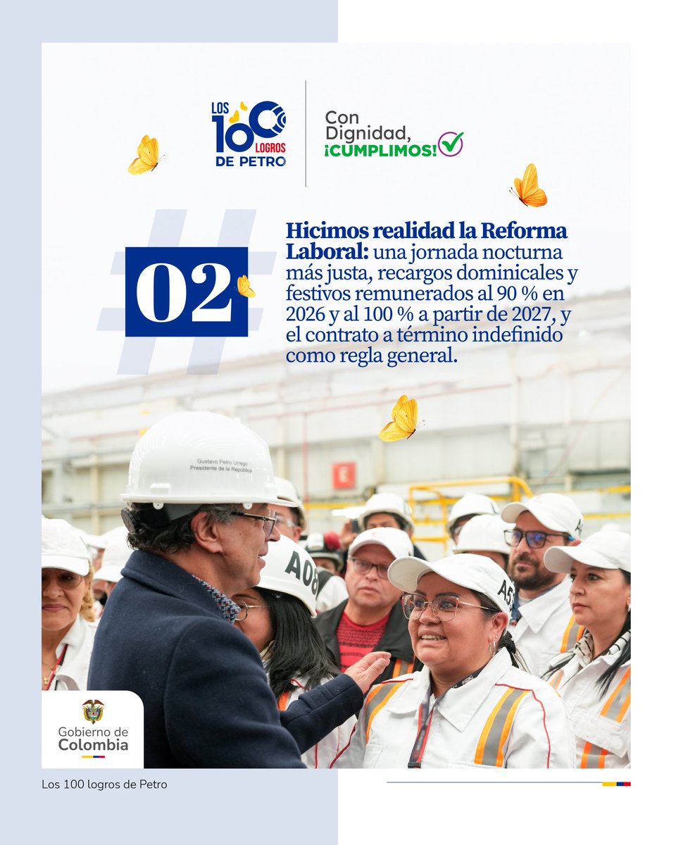 infopresidencia's tweet photo. #ConDignidadCumplimos fortaleciendo los derechos laborales de millones de trabajadores y trabajadoras en Colombia.

En los #100LogrosDePetro, uno de los avances más importantes fue hacer realidad una Reforma Laboral que dignifica el trabajo, amplía derechos y mejora las condiciones de vida del pueblo trabajador.

Este es el legado que el Gobierno del Presidente @PetroGustavo le deja a quienes con su trabajo han sido fundamentales para el desarrollo y el futuro de Colombia.

🔗 https://t.co/vtlBJFN3By
