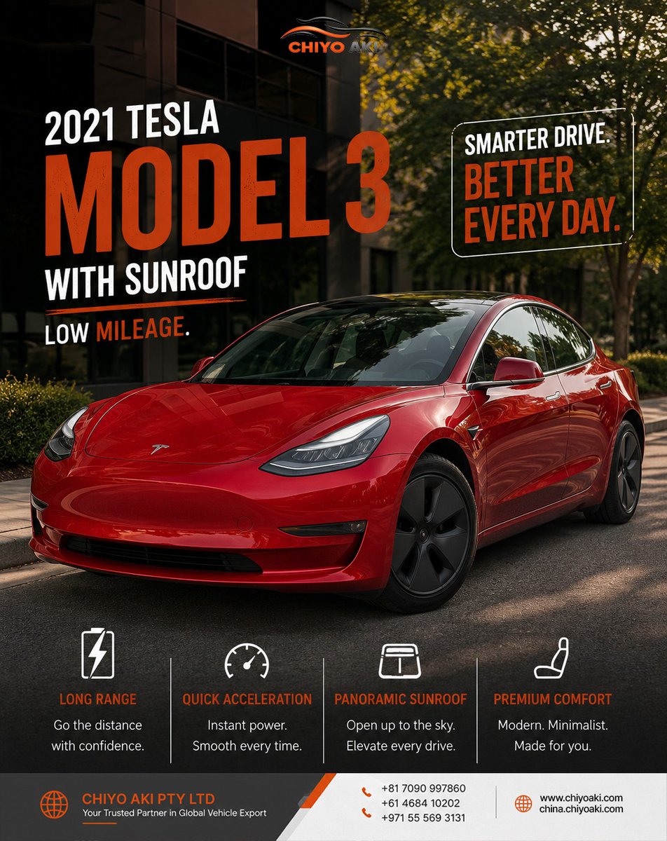 chiyoakihub's tweet photo. ELECTRIC SEDAN SET THE STANDARD
2021 TESLA MODEL 3 WITH PANORAMIC GLASS ROOF
#ChiyoAki #ChiyoAkiPtyLtd #Tesla #TeslaModel3 #Model3 #ElectricSedan #PanoramicRoof #DriveElectric #RightHandDrive #PremiumEV #TeslaLife #FutureMobility #ElectricPerformance #Innovation #ZeroEmission https://t.co/SFCHoSo8fW