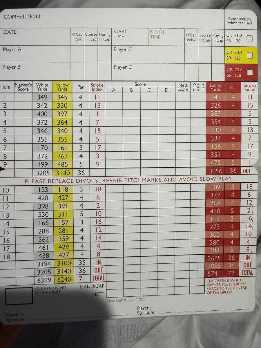 Come164785's tweet photo. Old Fold Manor Golf Club: This course only has white, yellow, and red tees. The red tee isn't very friendly; on most holes, the red tee is only 20 yards shorter than the white tee. There are two par-3 holes, three par-5 holes, one long par-4 hole, and the rest are par-4 holes. https://t.co/jrqYTgyaWX