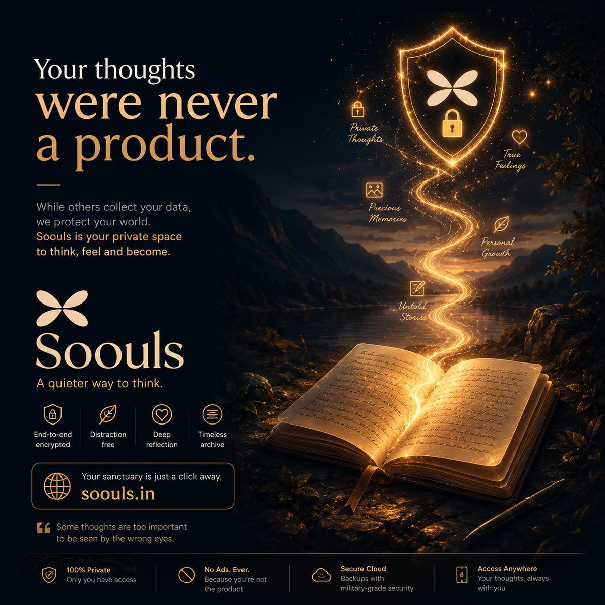Soouls_in's tweet photo. Every app on your phone is studying you.
Soouls isn't one of them.
No feed. No algorithm. Just a quiet place for the things you haven't said out loud yet.
Your thoughts were never a product
Start writing → link in bio
#journaling #privacyfirst #digitaldetox #mentalhealth #soouls https://t.co/9voEwF9Ol5