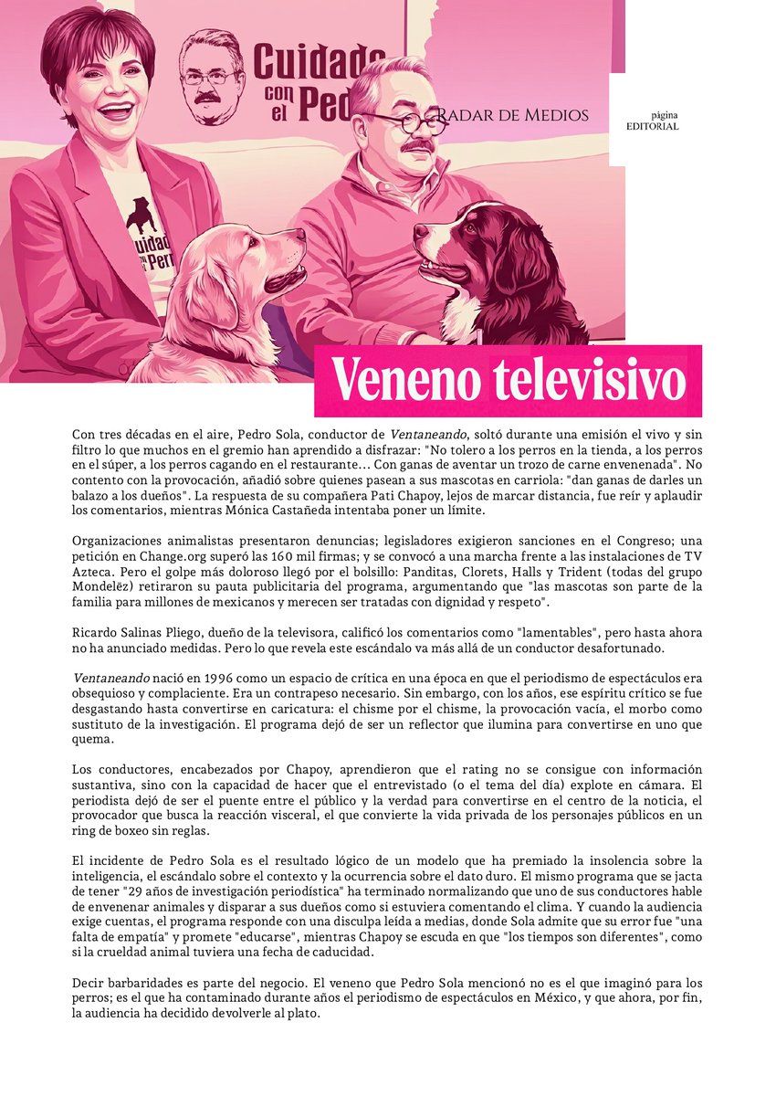 jcromero's tweet photo. En el #RadardeMedios de agosto revisamos los controvertidos casos de Pedro Sola y @EzShabot y reflexionamos si la solución es la regulación de los derechos de las audiencias que impulsa el gobierno federal y su partido. El PDF completo lo pueden descargar en el siguiente enlace: https://t.co/X7KS64W70v