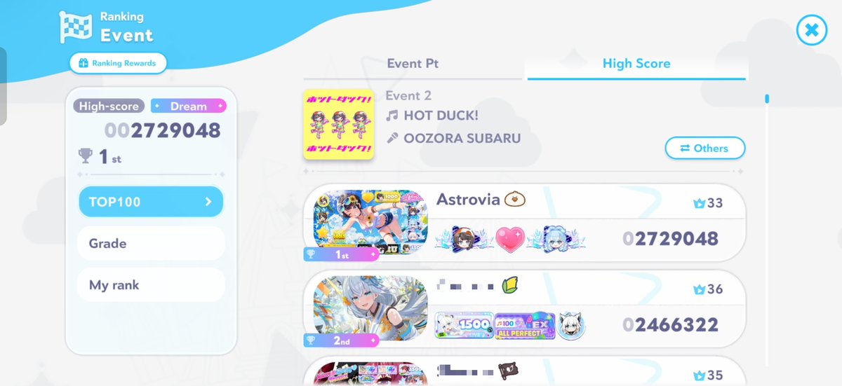 asutorobia's tweet photo. @iTa__MiN お疲れ様でした! I set this score on the US server in the first couple of days of the event and it ended up staying first the whole time. There aren't very many high-scoring subatomo here, the competition on the Japanese server must be tough. 😓 https://t.co/fneHihLZR3