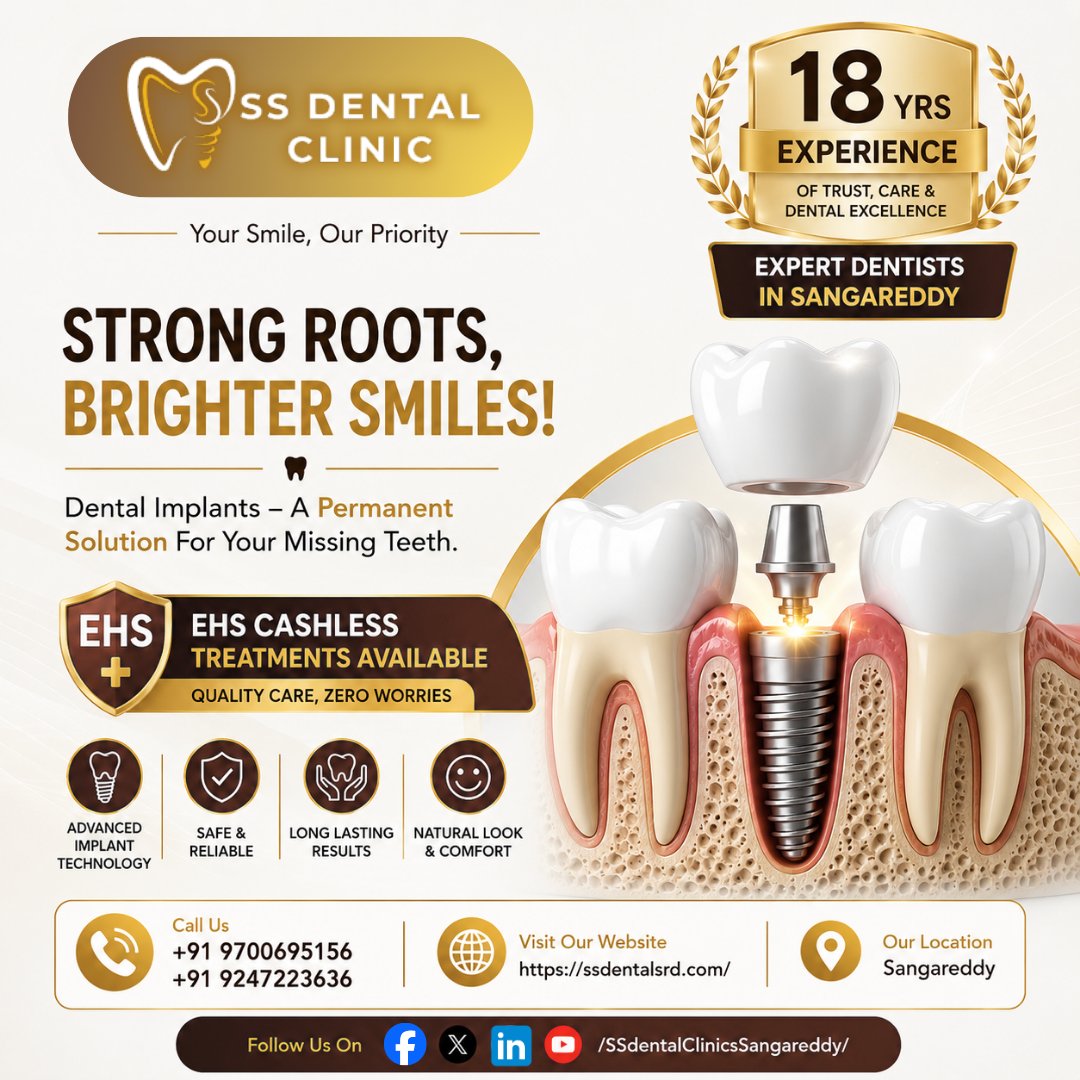 SSDentalClinics's tweet photo. #SSDentalClinic #Sangareddy #DentalImplants #StrongRootsBrighterSmiles #MissingTeethSolution #EHSCashlessTreatments #EHSEmpanelled #DentistInSangareddy #BestDentalClinicSangareddy #DrShivaRamaKrishna #DrShivaratna #YourSmileOurPriority #18YearsOfExperience #PermanentTeethFix https://t.co/4JSsiYmegI