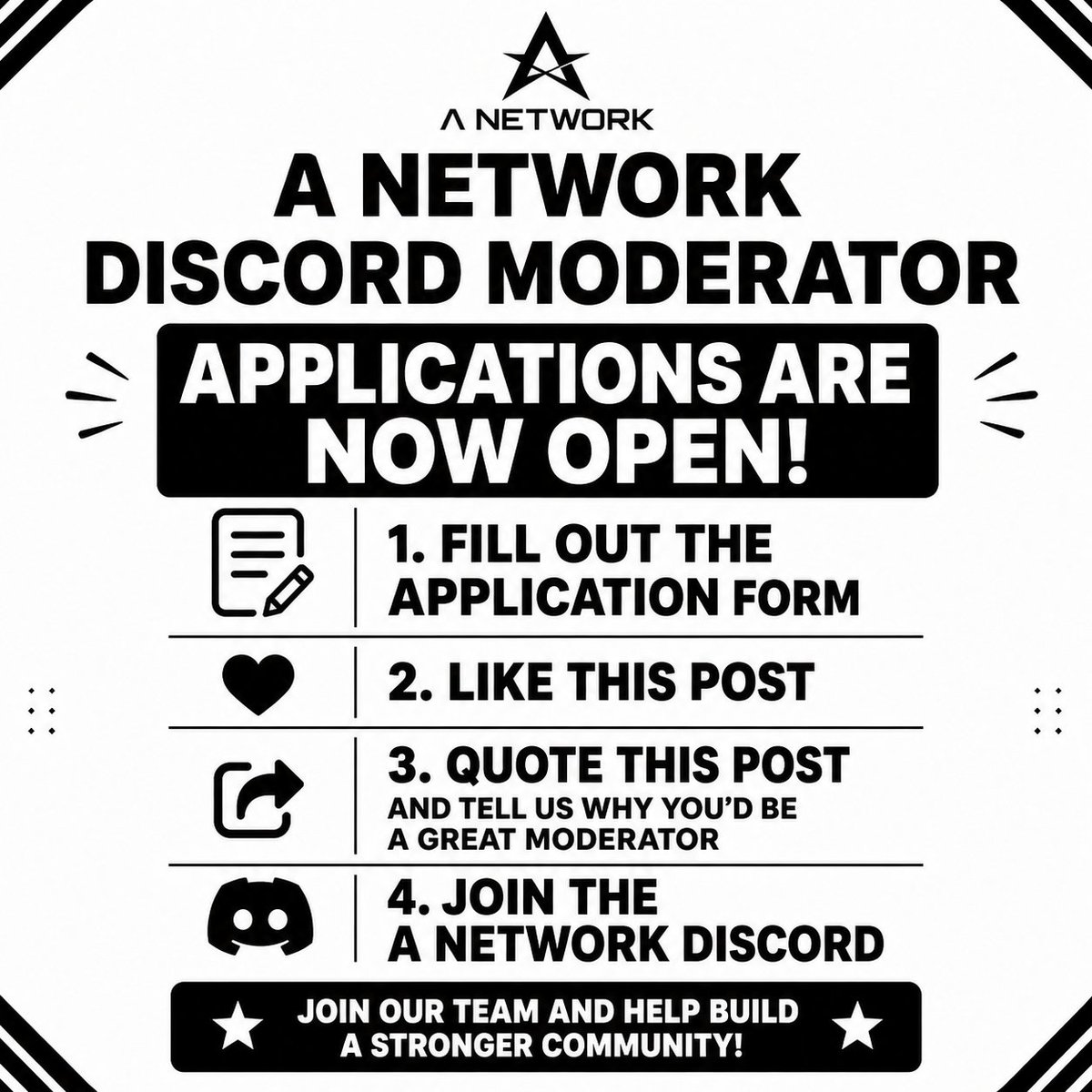 king_onchainx's tweet photo. 📢 A Network Discord Moderator Applications Are Now Open!

The applications for A Network Discord  Regional Moderator are now officially open!

If you're an active community member and want to help build and support the A Network community, we'd love to hear from you.

📝 Application Form:
https://t.co/Od4Xists1j

Application Steps:
• Fill out the application form.
• ❤️ Like this post.
• 🔁 Quote this post and tell us why you'd be a great Discord Moderator.
• 💬 Join the A Network Discord Community.

🔗 Discord Server:
https://t.co/roLqhAUnUk

Best of luck to all applicants. We look forward to welcoming new moderators to the A-Network team! 🚀
 #ANetwork #ANET #ANT