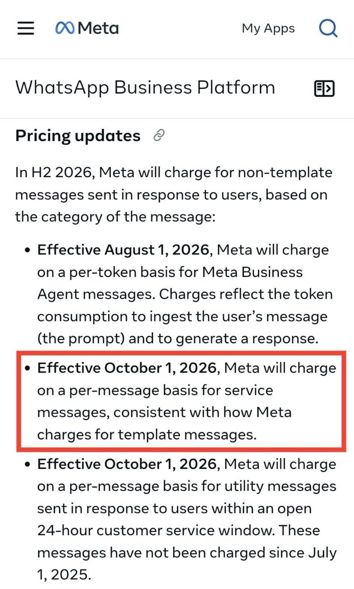 TechProWay's tweet photo. ⚠️ تغيير مهم لواتساب بزنس API
ابتداءً من 1 أكتوبر 2026، Meta هتبدأ تحاسب على كل رسالة Service داخل نافذة الـ24 ساعة
يعني ردك على العميل = رسالة مدفوعة💰
وده سواء الرد من موظف أو AI.
💡 الاستثناء: العملاء القادمين من إعلانات Click-to-WhatsApp لهم حاليًا نافذة مجانية تصل لـ72 ساعة https://t.co/NcqOea7Og4