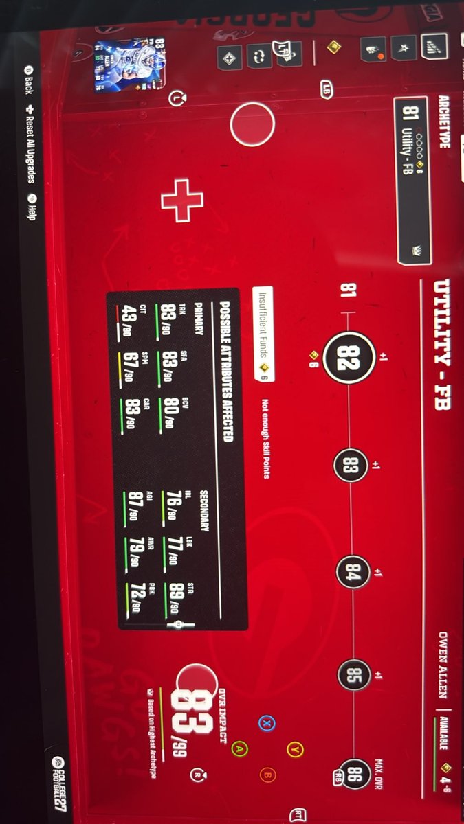 k987r10's tweet photo. @CFBDirect @EASPORTS_CUT Since the update, if you downgrade and re-roll Owen Allen ALL skill points are gone and now it says I don’t have enough to do anything with no way to earn more? So once you reset it that’s it, the player is worthless at an 81 https://t.co/MHRMbWOSiu