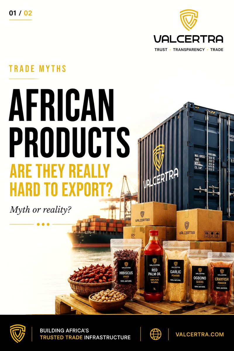 wearevalcertra's tweet photo. VALCERTRA TRADE MYTHS PART I

One of the biggest misconceptions about African trade is that our products are simply "too difficult to export."

But is that really true?

The answer might surprise you.
Swipe through and let's separate myth from reality. 

#TradeMyths #valcertra #AfricanTrade  #AfricaToTheWorld #BusinessEducation