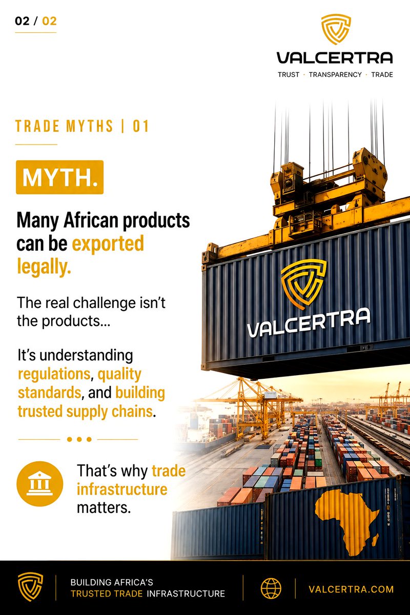 wearevalcertra's tweet photo. VALCERTRA TRADE MYTHS PART I

One of the biggest misconceptions about African trade is that our products are simply "too difficult to export."

But is that really true?

The answer might surprise you.
Swipe through and let's separate myth from reality. 

#TradeMyths #valcertra #AfricanTrade  #AfricaToTheWorld #BusinessEducation